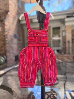 Girls Boho Striped Red, Pink and Black Overalls with Front Pockets - handmade